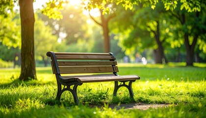 Sunlight bathes a park bench amidst lush greenery, a serene spot for reflection and peace