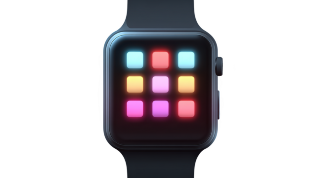 Smartwatch displaying colorful app icons on screen, isolated on transparent background - Powered by Adobe