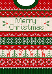 Merry Christmas Knitted Sweater Design Cozy Holiday Pattern. Festive Red Green Ugly Sweater with Reindeer Snowflakes. Knitted Christmas Greeting Card, Holiday Sweater Typography Vector Illustration