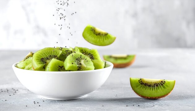 Fresh kiwi slices in a bowl, with poppy seeds falling