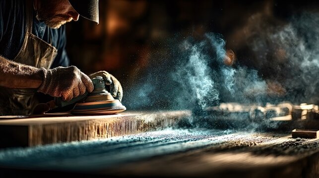 Senior carpenter wearing gloves and an apron skillfully using a power tool to sand wood, producing swirling dust particles in a dimly lit workshop filled with tools