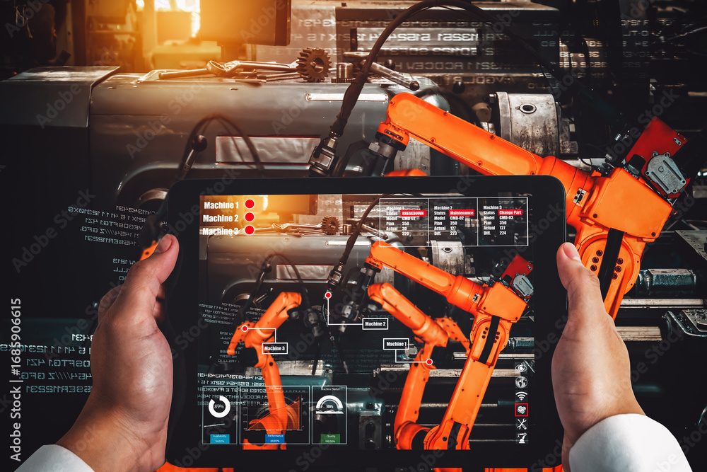 Poster engineer controls robotic arms by augmented reality industry technology application software. smart 