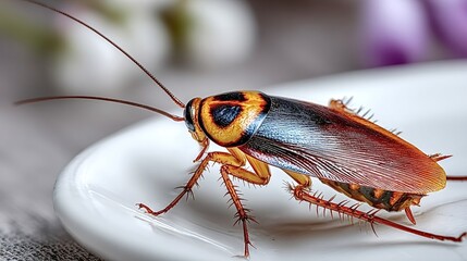Fototapeta premium Close up of an australian cockroach exploring a white plate, highlighting the need for pest control and emphasizing the importance of hygiene in food preparation and storage areas