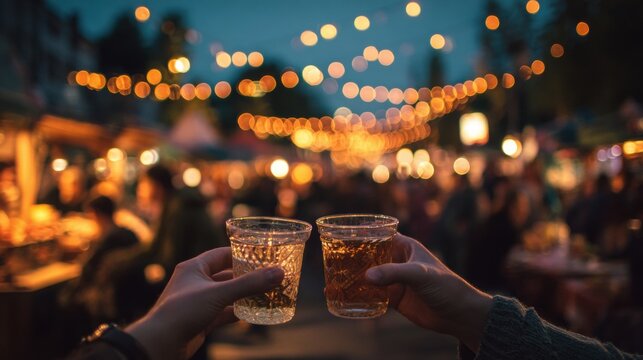 Ansto&szlig;en mit Getr&auml;nken auf einem Volksfest bei Nacht