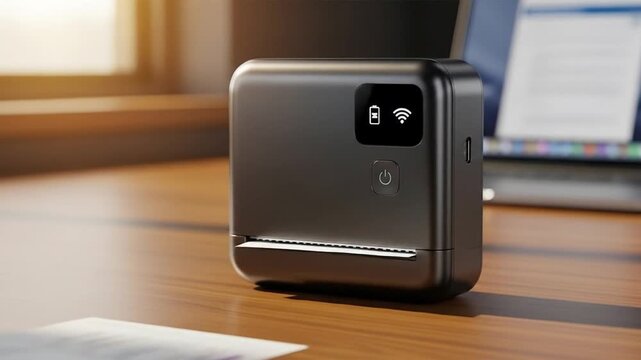 Portable black printer printing colorful chart on wood table