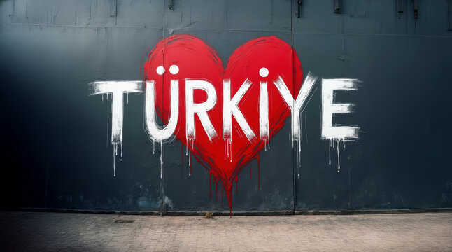 Heart of Türkiye: A striking mural captures a heartfelt tribute with the word Türkiye painted over a vibrant red heart, embodying love and pride. - Powered by Adobe