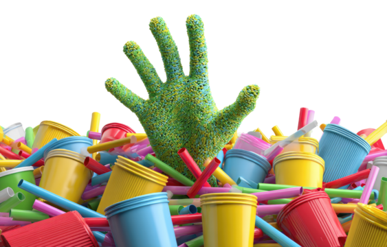 A green hand submerged in a pile of colorful plastic cups and straws