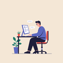 Focused professional working diligently on computer, communication bubbles indicating digital exchange