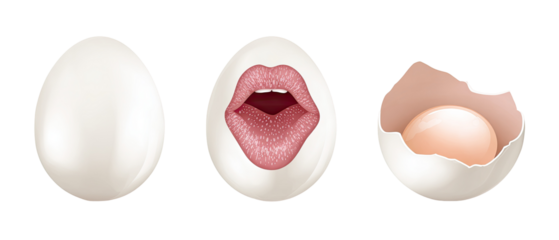 Three eggs; whole, with open mouth, and cracked