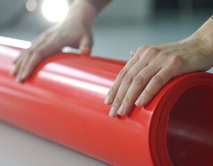 Hands holding a roll of red plastic sheet