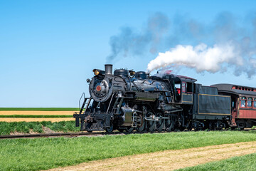 Obraz premium A classic steam locomotive chugs along green fields under a clear blue sky. The train puffs white smoke as it moves, evoking nostalgia for a bygone era of travel.