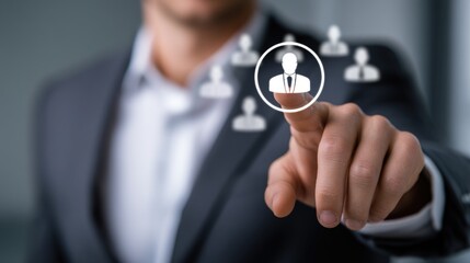 Business professional hand selecting abstract human icons on a digital screen, signifying personnel recruitment, workforce analysis, and future employment trends forecasting.