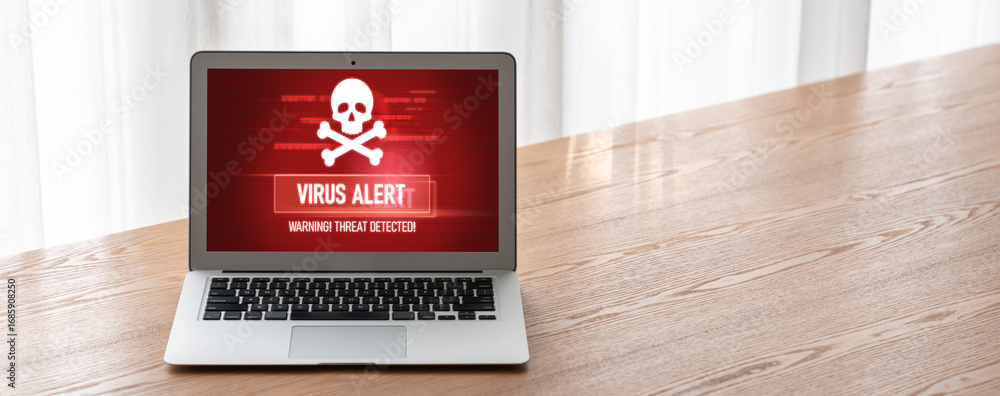 Poster virus warning alert on computer screen detected modish cyber threat , hacker, computer virus and mal