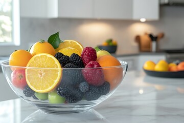 Glass bowl brimming with vibrant citrus fruits, blackberries, raspberries, and apples sits on a pristine marble countertop in a contemporary kitchen, embodying freshness and healthy living