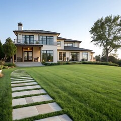 Elegant modern luxury mansion with manicured lawn and stone pathway under a clear blue sky