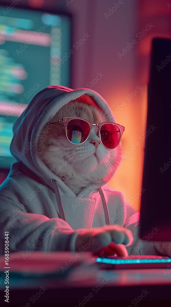 Poster cyber cat: a cool cat rocking sunglasses and a hoodie, engaged in coding on a computer with vibrant 
