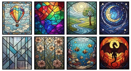 Collage of stained glass art featuring hot air balloon, rainbow, landscape, moon, geometric, flowers, fish, and dragon