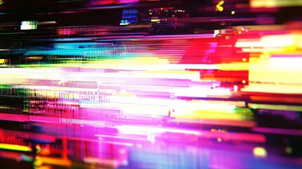 Vibrant glitch art featuring colorful digital distortion and striking horizontal patterns