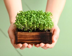 Hands holding a small wooden box filled with sprouts