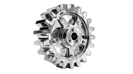 Polished metal gear with sharp teeth, isolated on transparent background