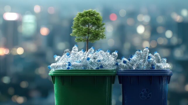 two green and blue recycling bins with plastic bottles