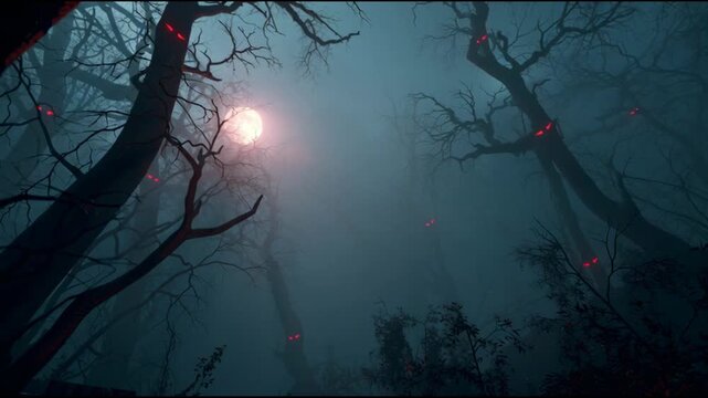 Halloween horrow atmosphere blankets a forgotten forest where shadowed terrain and leafless trees evoke mystery and suspense.