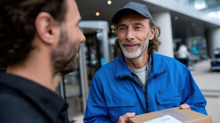 A delivery courier presents a package with a warm smile, capturing the essence of customer service and the human aspect behind package delivery.