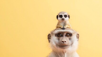 Meerkat perched atop monkey s head against yellow background