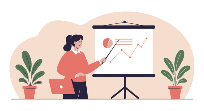 Confident businesswoman presenting positive growth trends and financial data on a flip chart