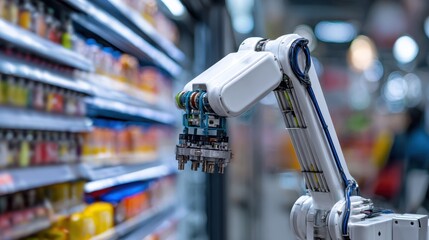 Closeup on a machine learningpowered stocking robot analyzing stock data while autonomously refilling shelves with the store environment out of focus.