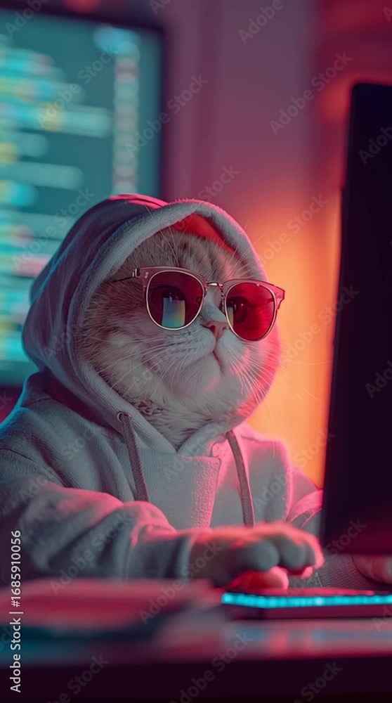 Poster tech-savvy feline: a stylish cat, rocking sunglasses and a hoodie, commands the computer, crafting c