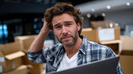 A young man appears contemplative as he scratches his head while staring at his laptop surrounded by cardboard boxes in a stylish, modern office space, conveying a sense of transition.