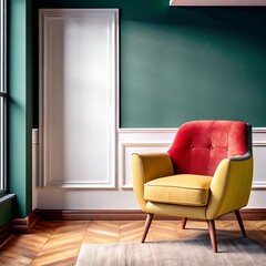 Cozy mid century modern armchair with red and yellow upholstery in a stylish living room