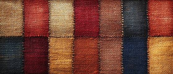 Top view of a colorful woven carpet featuring visible stitches, creating a checkered pattern with various shades of color