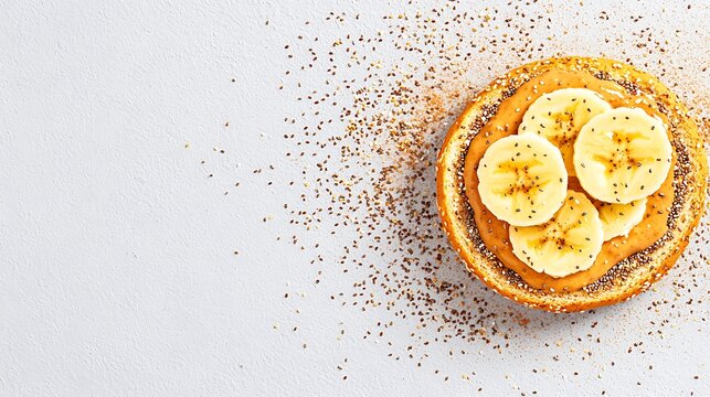 Delicious peanut butter banana toast with chia seeds overhead shot