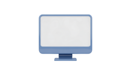 A blue computer monitor with a blank white screen isolated on transparent background