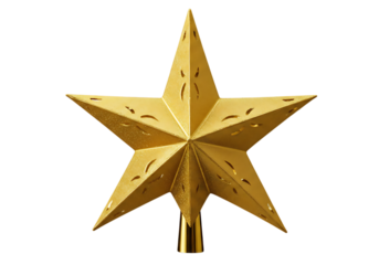 Golden star christmas tree topper isolated on transparent background