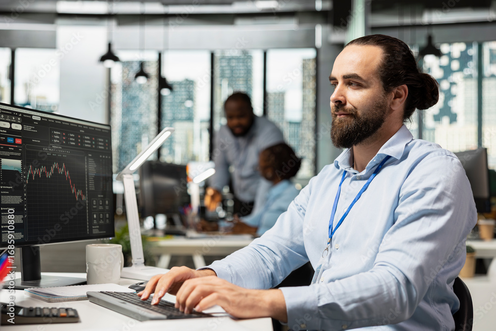 Poster portfolio manager uses trading platform on pc to review assets performance and adjusts holdings. pro