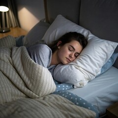 Young woman peacefully sleeping soundly in a comfortable bed under warm blankets at night