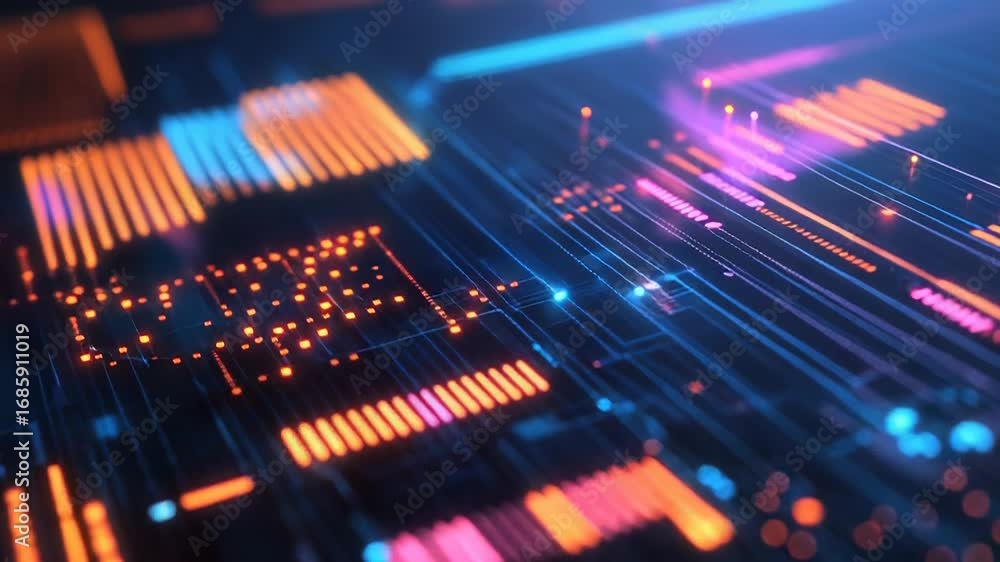 Poster futuristic interface displaying complex data analysis with glowing lines and numbers