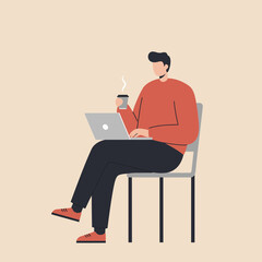 Modern professional working remotely on laptop, enjoying coffee break in relaxed posture, seeking productive workspace inspiration.