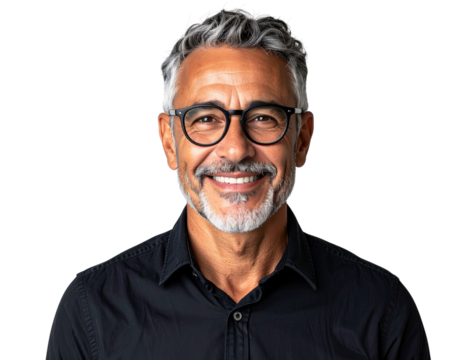 Smiling man in a black shirt against a white background. He's wearing glasses and has - Powered by Adobe
