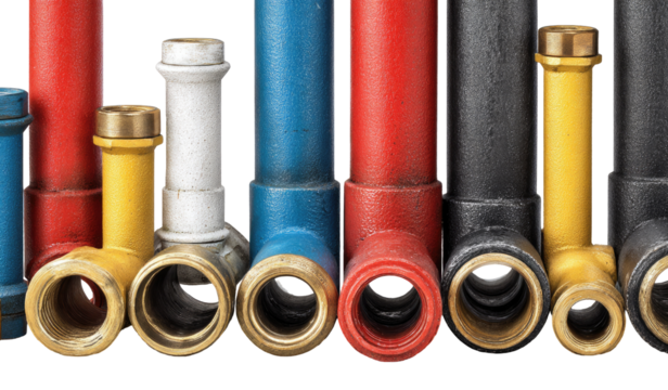 Close-up of various colored plumbing pipes and fittings, arranged in rows, showing connections and joints