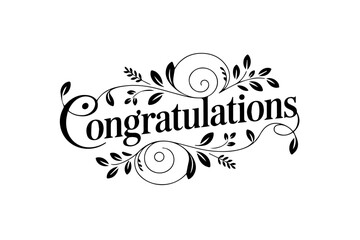 Congratulations Typography Vector Line Art Illustration with Decorative Floral Elements on White Background