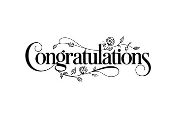 Congratulations Typography Vector Line Art Illustration with Decorative Floral Elements on White Background