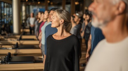 Medium shot of a Pilates trainer guiding attendees through exercises using reformer machines trainer clearly defined with the attentive class softly out of focus behind.