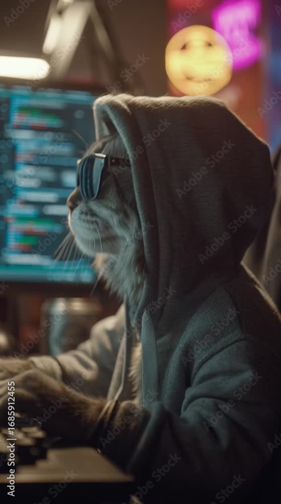 Poster cyber cat at the keyboard: a curious cat in a hoodie and glasses is illuminated by the glow of a com