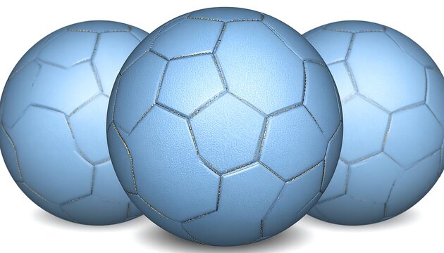 Three light-blue soccer balls arranged in a close-up, shot against a plain white background.