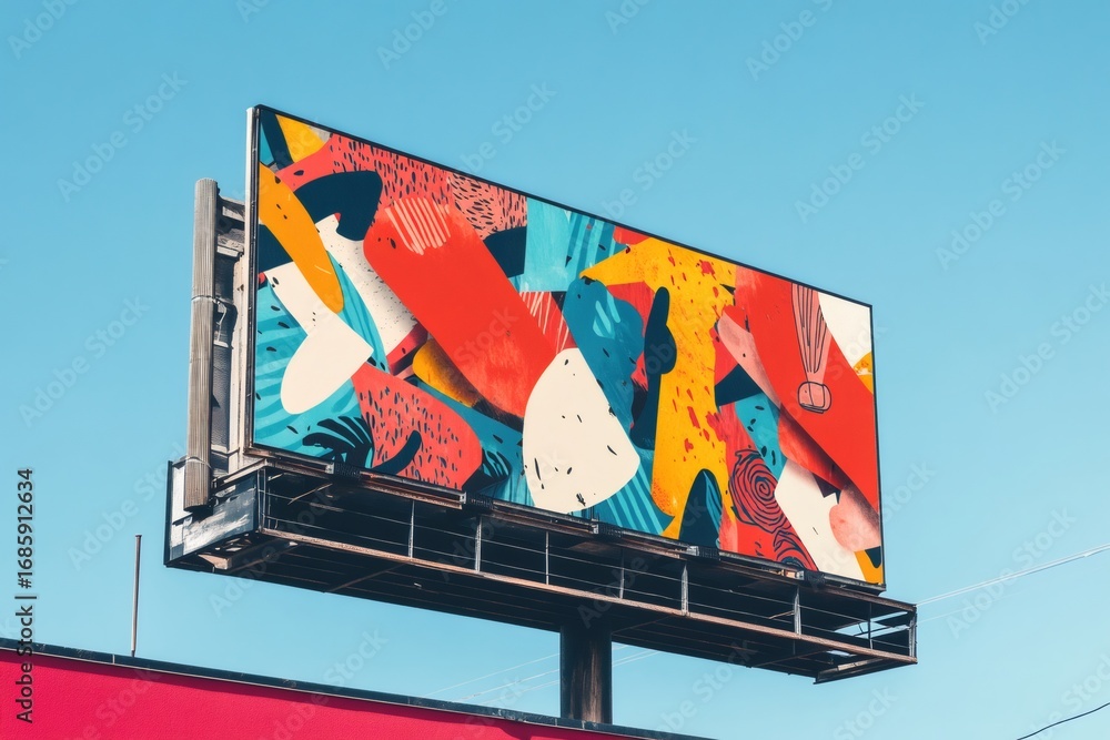 Poster vibrant and abstract design on a large billboard, adding a pop of color to the urban landscape again