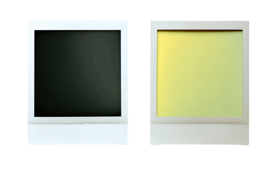 Two square, white computer monitors. One displays a dark gray screen, the other a pale yellow
